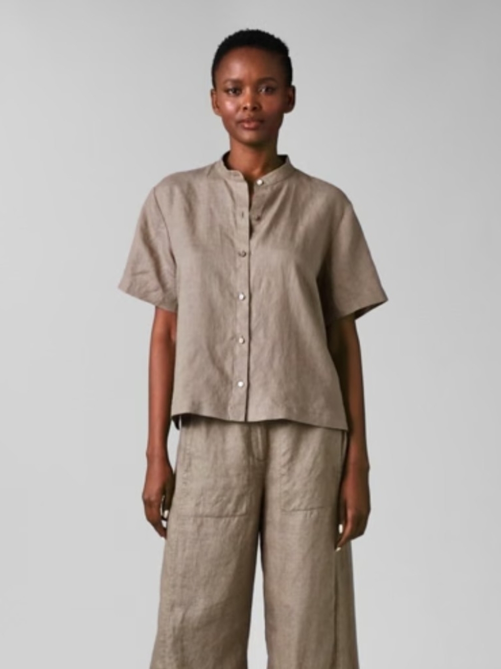 Eileen Fisher Irish Linen Short-Sleeve Button-Front Linen Top in Taupe